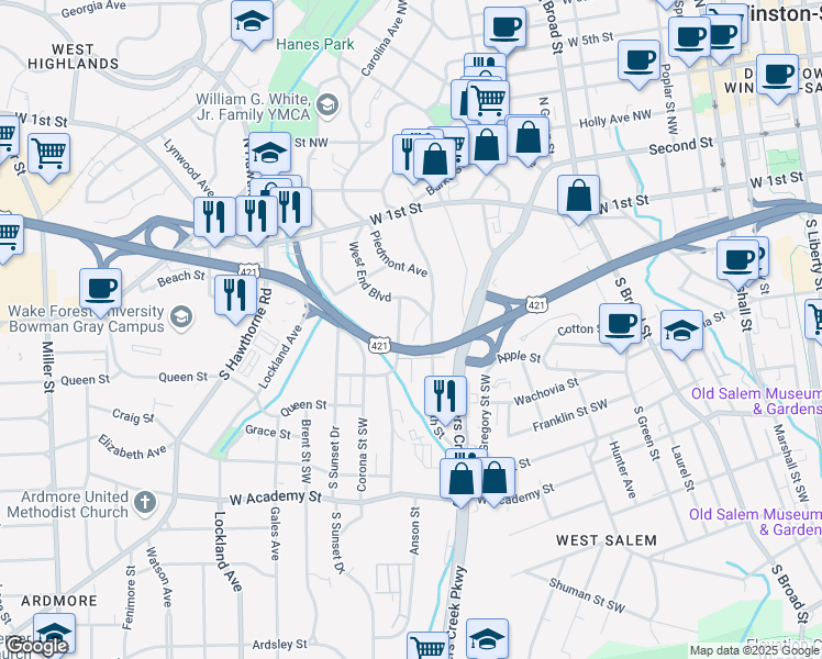 map of restaurants, bars, coffee shops, grocery stores, and more near 124 Taylor Street Southwest in Winston-Salem