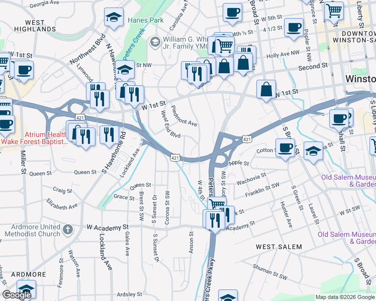map of restaurants, bars, coffee shops, grocery stores, and more near 120 Crafton Street in Winston-Salem