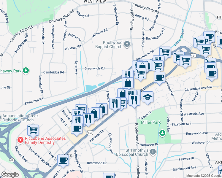 map of restaurants, bars, coffee shops, grocery stores, and more near 2638 Gould Street in Winston-Salem
