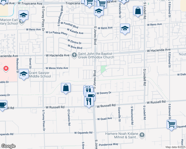 map of restaurants, bars, coffee shops, grocery stores, and more near 5473 South Jones Boulevard in Las Vegas