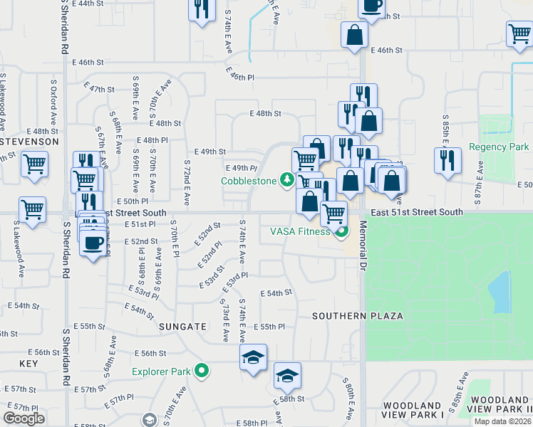 map of restaurants, bars, coffee shops, grocery stores, and more near 5023 South 76th East Avenue in Tulsa