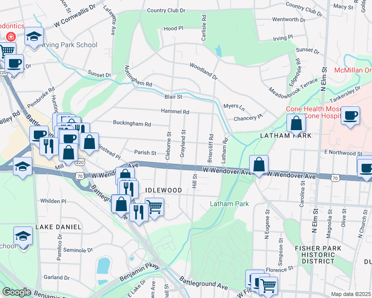 map of restaurants, bars, coffee shops, grocery stores, and more near 1114 Grayland Street in Greensboro