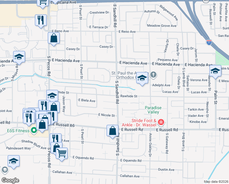 map of restaurants, bars, coffee shops, grocery stores, and more near 5471 South Sandhill Road in Las Vegas