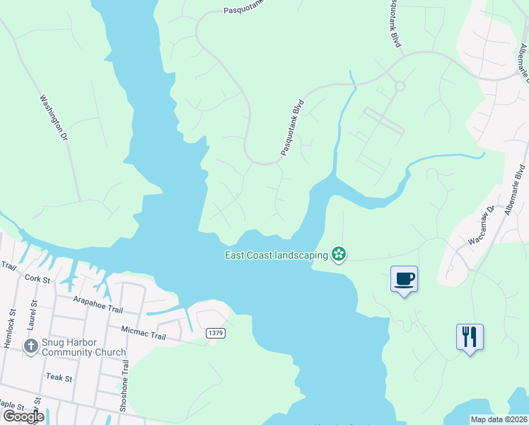 map of restaurants, bars, coffee shops, grocery stores, and more near 134 Yeopim Creek Drive in Hertford