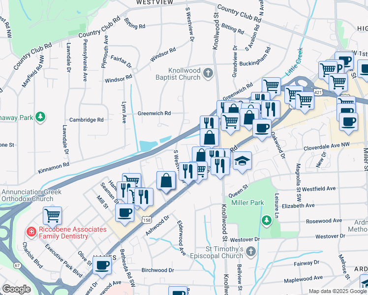 map of restaurants, bars, coffee shops, grocery stores, and more near 500 Walter Court in Winston-Salem