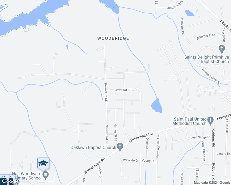map of restaurants, bars, coffee shops, grocery stores, and more near 3414 Baxter Road Southeast in Winston-Salem