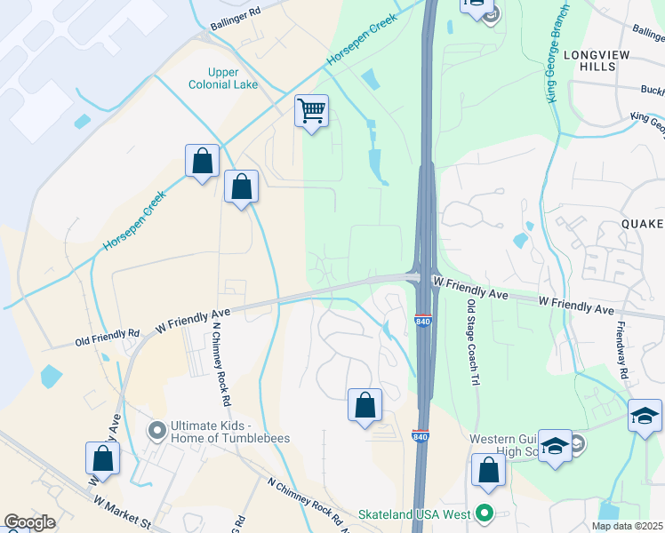 map of restaurants, bars, coffee shops, grocery stores, and more near 7100 West Friendly Avenue in Greensboro