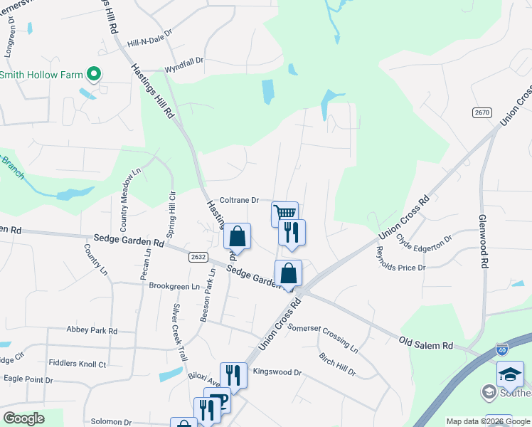 map of restaurants, bars, coffee shops, grocery stores, and more near 908 Appaloosa Trail in Kernersville