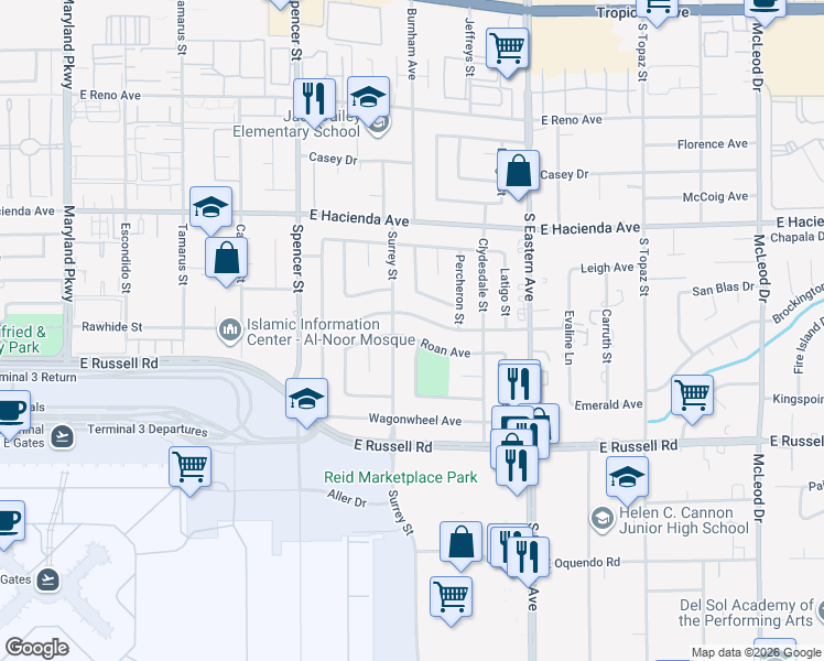map of restaurants, bars, coffee shops, grocery stores, and more near 2095 Roan Avenue in Las Vegas