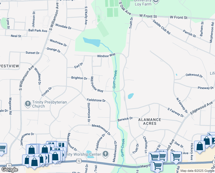 map of restaurants, bars, coffee shops, grocery stores, and more near Sunningdale Court in Elon
