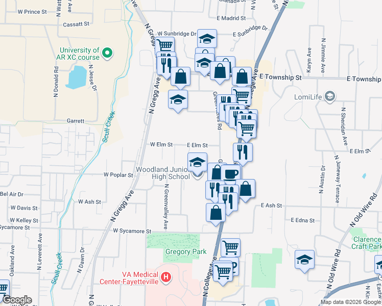 map of restaurants, bars, coffee shops, grocery stores, and more near 2040 North Erstan Avenue in Fayetteville