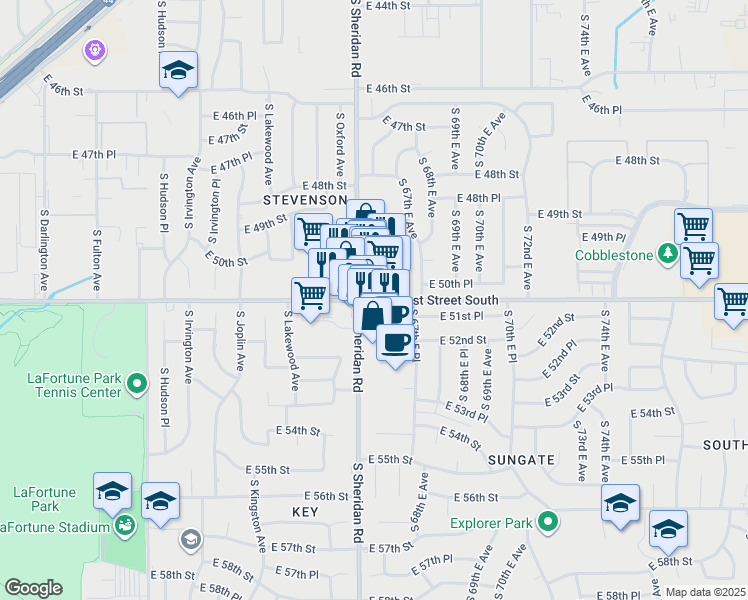 map of restaurants, bars, coffee shops, grocery stores, and more near 6570 East 51st Street in Tulsa