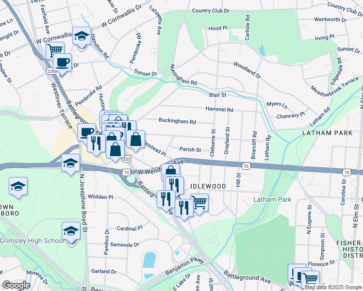 map of restaurants, bars, coffee shops, grocery stores, and more near 1132 Parish Street in Greensboro
