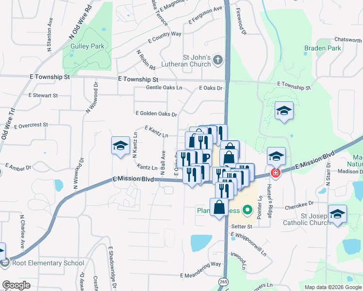 map of restaurants, bars, coffee shops, grocery stores, and more near 2541 E Kantz Dr in Fayetteville