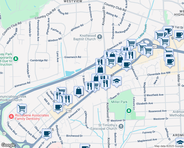 map of restaurants, bars, coffee shops, grocery stores, and more near 2614 Gould Street in Winston-Salem