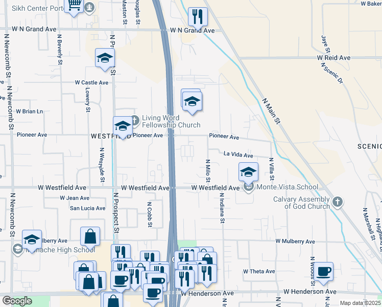 map of restaurants, bars, coffee shops, grocery stores, and more near 930A La Vida Lane in Porterville