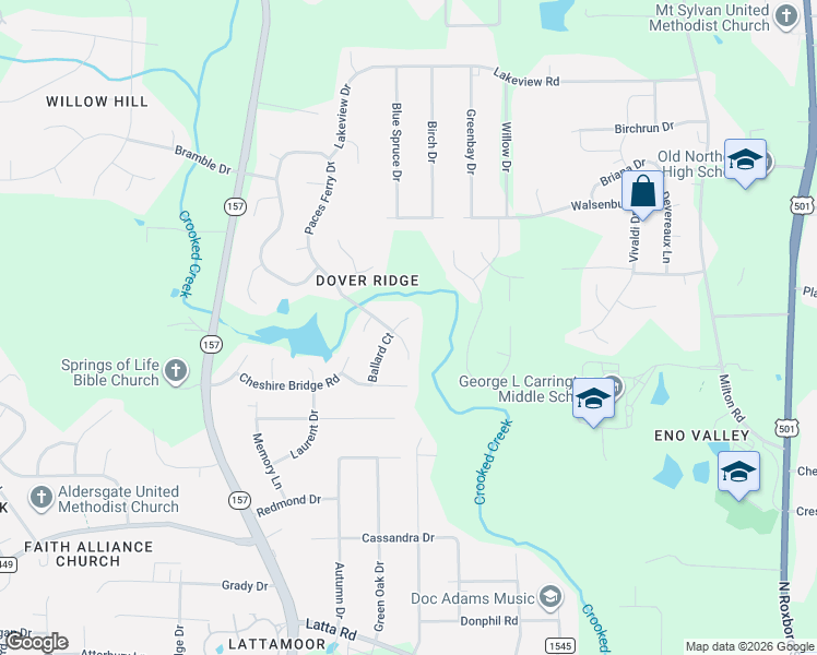 map of restaurants, bars, coffee shops, grocery stores, and more near 26 Ballard Court in Durham
