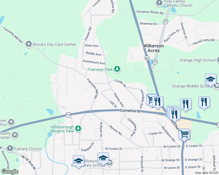 map of restaurants, bars, coffee shops, grocery stores, and more near 207 Rainey Avenue in Hillsborough