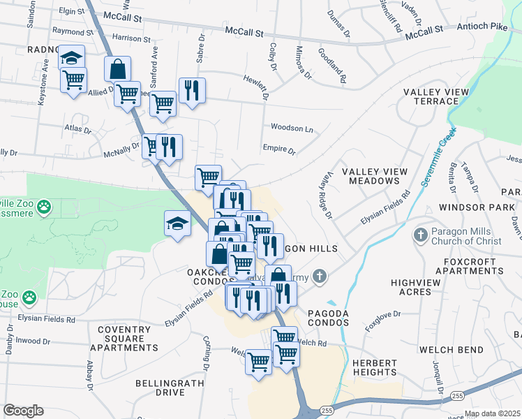 map of restaurants, bars, coffee shops, grocery stores, and more near 3800 Sam Boney Drive in Nashville
