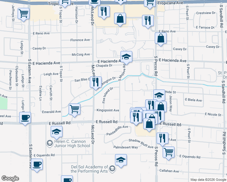 map of restaurants, bars, coffee shops, grocery stores, and more near 5482 Fire Island Drive in Las Vegas
