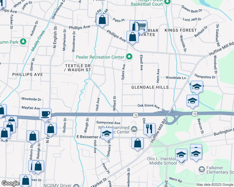 map of restaurants, bars, coffee shops, grocery stores, and more near 912 Willard Street in Greensboro
