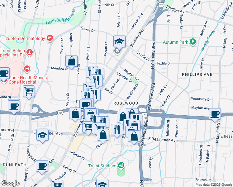 map of restaurants, bars, coffee shops, grocery stores, and more near 1201 Homeland Avenue in Greensboro