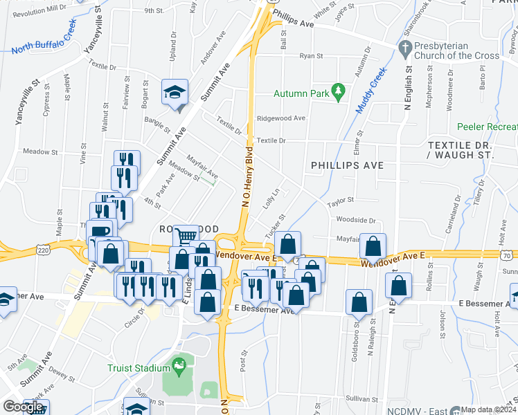 map of restaurants, bars, coffee shops, grocery stores, and more near 1209 Lolly Lane in Greensboro