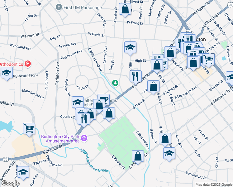 map of restaurants, bars, coffee shops, grocery stores, and more near 315 West Willowbrook Drive in Burlington