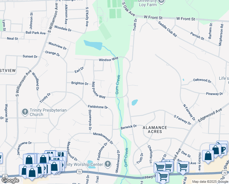 map of restaurants, bars, coffee shops, grocery stores, and more near 3006 Sunningdale Court in Elon