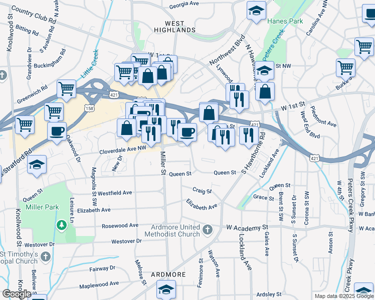 map of restaurants, bars, coffee shops, grocery stores, and more near 2060 Cloverdale Avenue in Winston-Salem