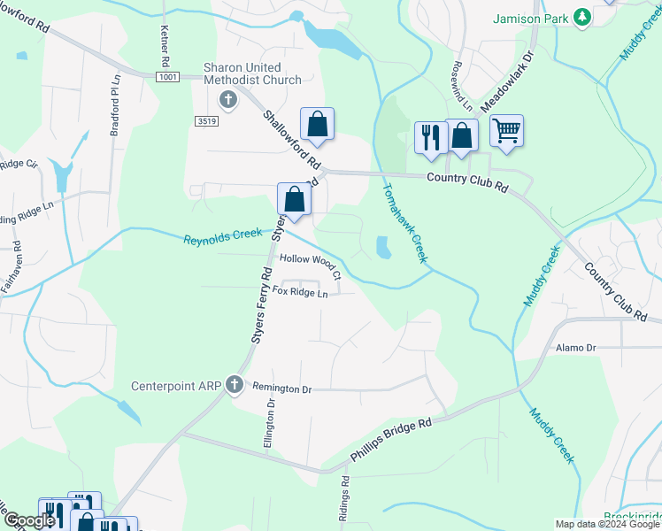 map of restaurants, bars, coffee shops, grocery stores, and more near 5934 Hollow Wood Court in Winston-Salem