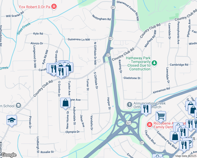 map of restaurants, bars, coffee shops, grocery stores, and more near 115 South Cliffdale Drive in Winston-Salem