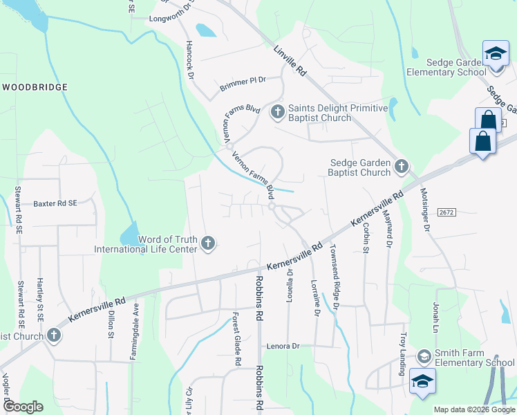 map of restaurants, bars, coffee shops, grocery stores, and more near 1407 Wakefield Farm Lane in Kernersville