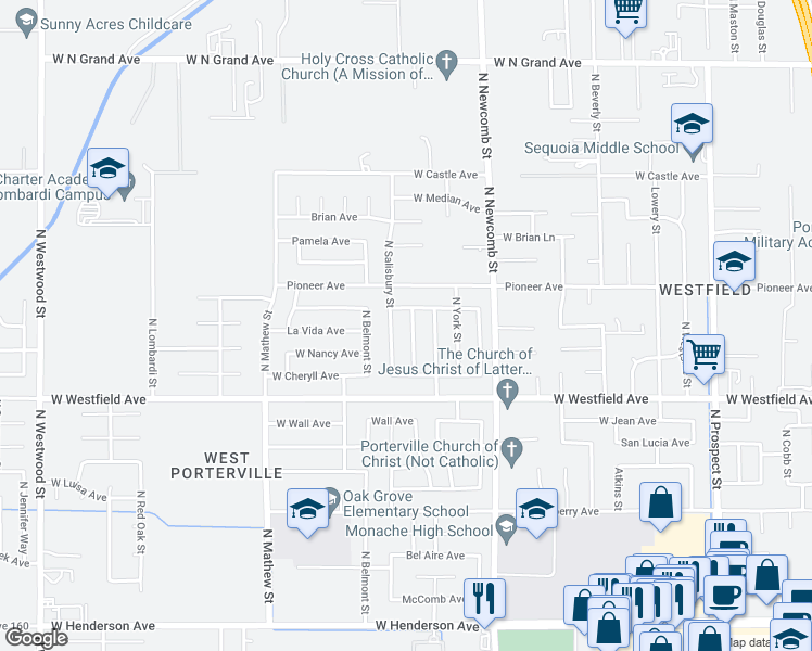 map of restaurants, bars, coffee shops, grocery stores, and more near 1327 Patsy Street in Porterville