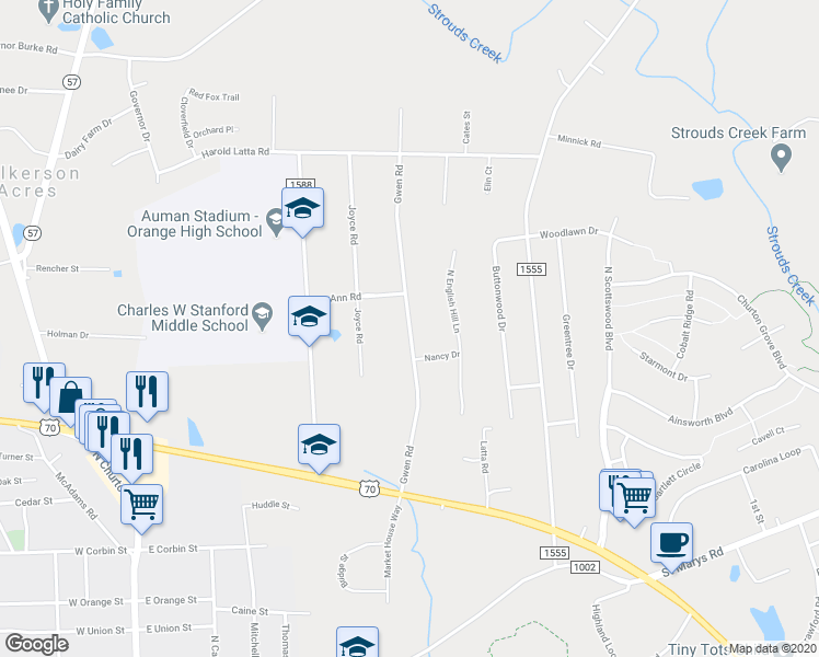map of restaurants, bars, coffee shops, grocery stores, and more near 315 Gwen Road in Hillsborough