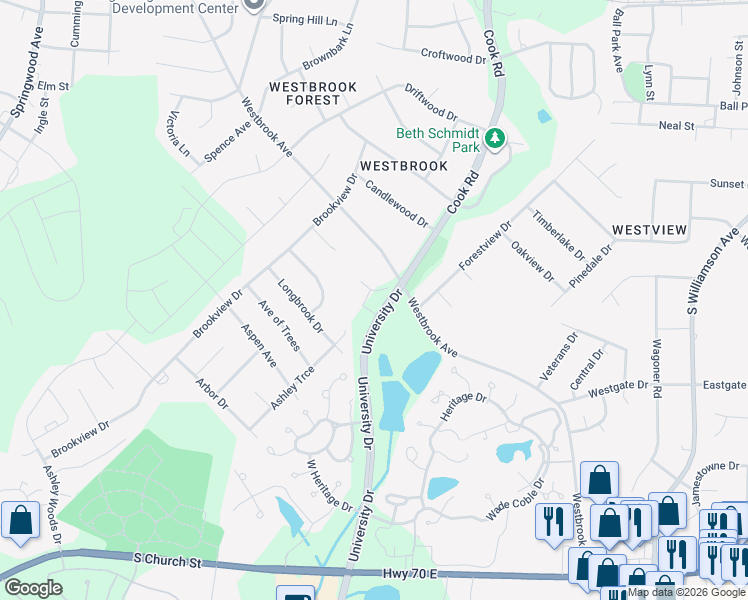 map of restaurants, bars, coffee shops, grocery stores, and more near 101 Camelot Drive in Elon
