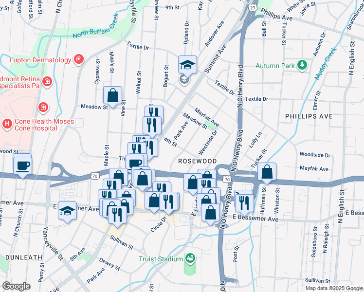 map of restaurants, bars, coffee shops, grocery stores, and more near 1201 Homeland Avenue in Greensboro