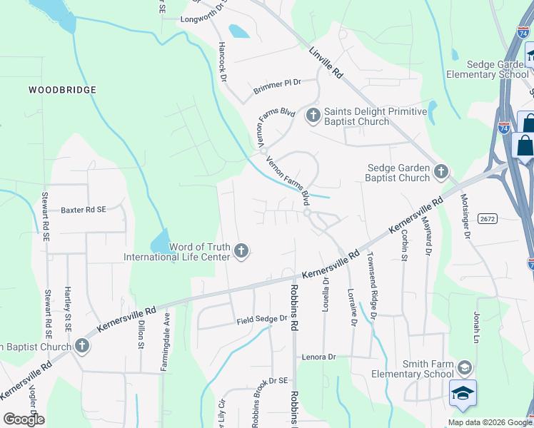 map of restaurants, bars, coffee shops, grocery stores, and more near 1411 Worchester Street in Kernersville