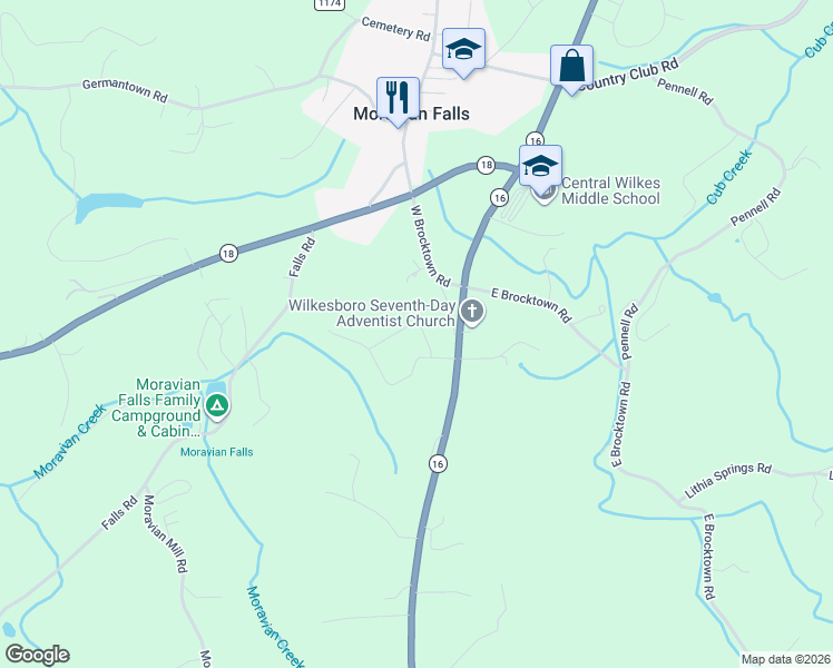 map of restaurants, bars, coffee shops, grocery stores, and more near 148 Samuel Circle in Moravian Falls