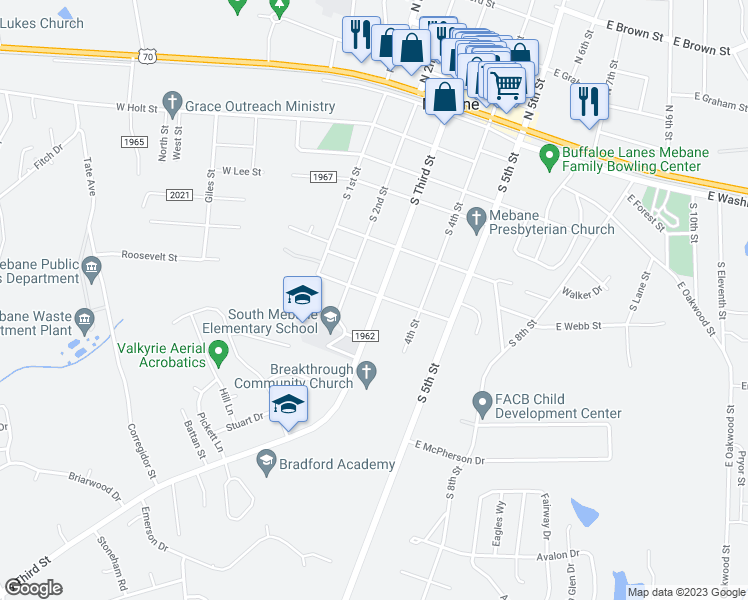 map of restaurants, bars, coffee shops, grocery stores, and more near 201 West Roosevelt Street in Mebane