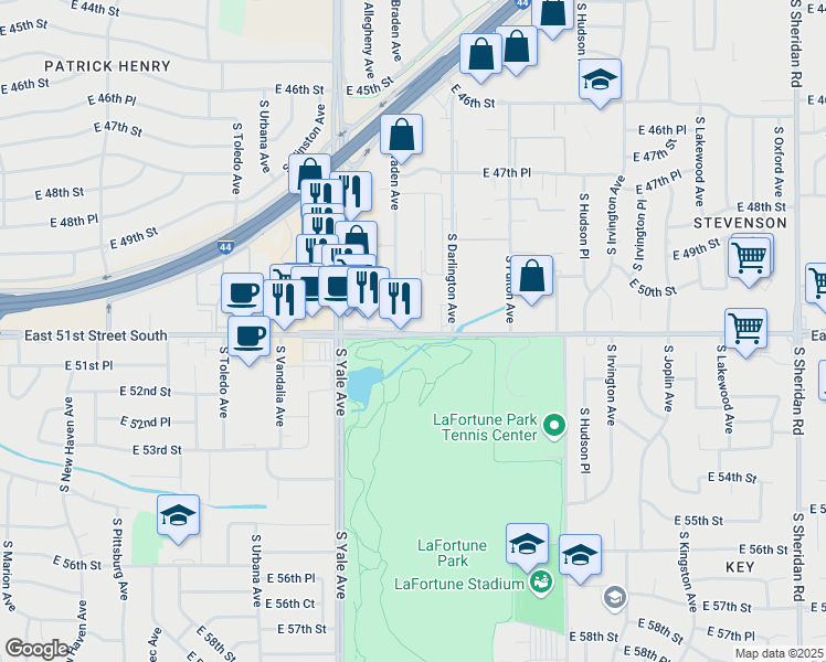 map of restaurants, bars, coffee shops, grocery stores, and more near 5137 East 51st Street in Tulsa