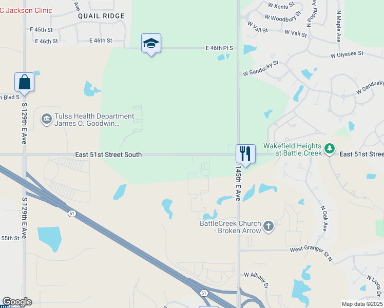 map of restaurants, bars, coffee shops, grocery stores, and more near 13775 East 51st Street South in Tulsa
