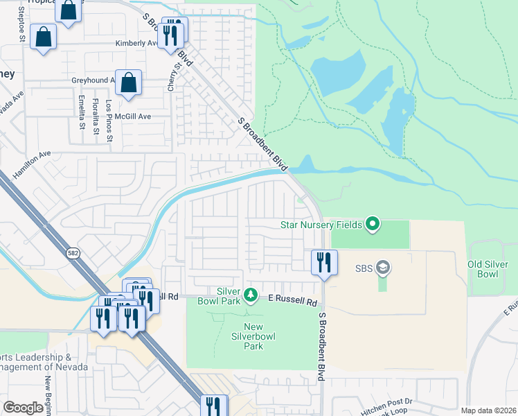 map of restaurants, bars, coffee shops, grocery stores, and more near 5436 Bradford Pear Drive in Las Vegas
