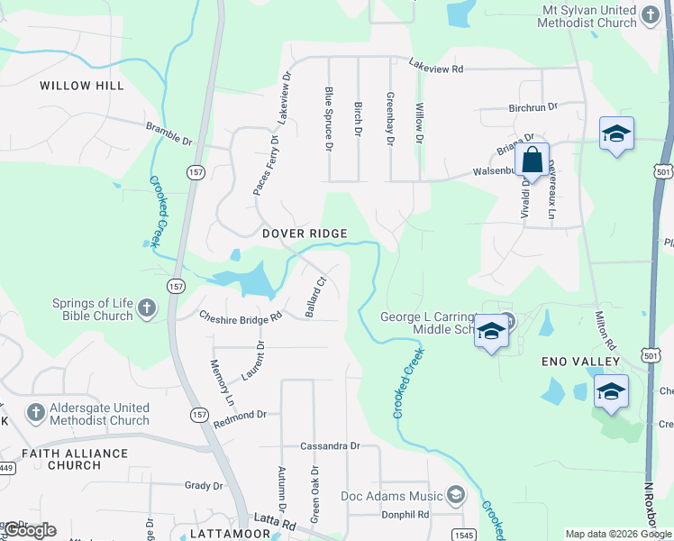 map of restaurants, bars, coffee shops, grocery stores, and more near 26 Ballard Court in Durham