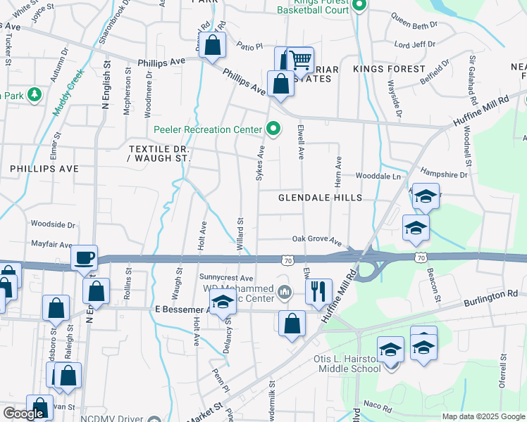 map of restaurants, bars, coffee shops, grocery stores, and more near 1000 Sykes Avenue in Greensboro