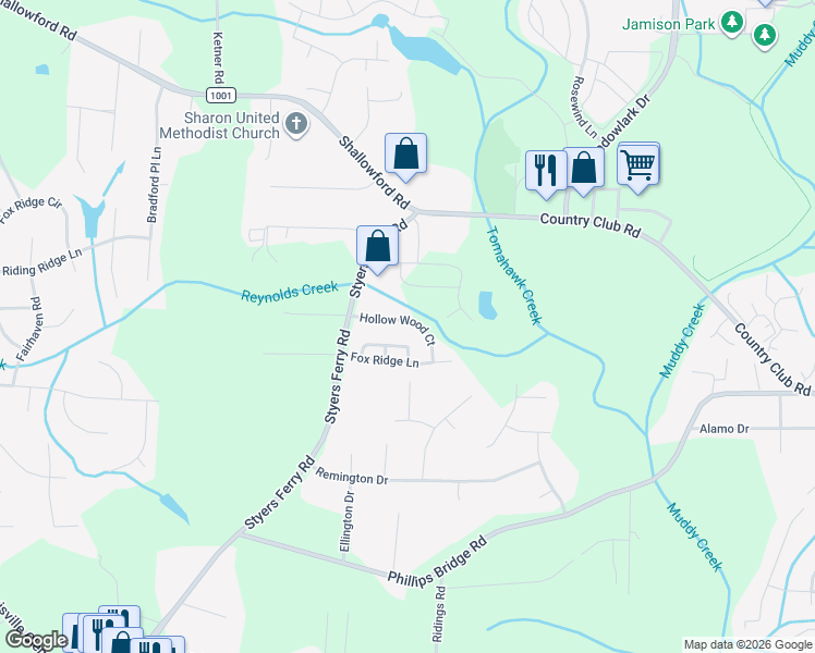 map of restaurants, bars, coffee shops, grocery stores, and more near 5930 Hollow Wood Court in Winston-Salem
