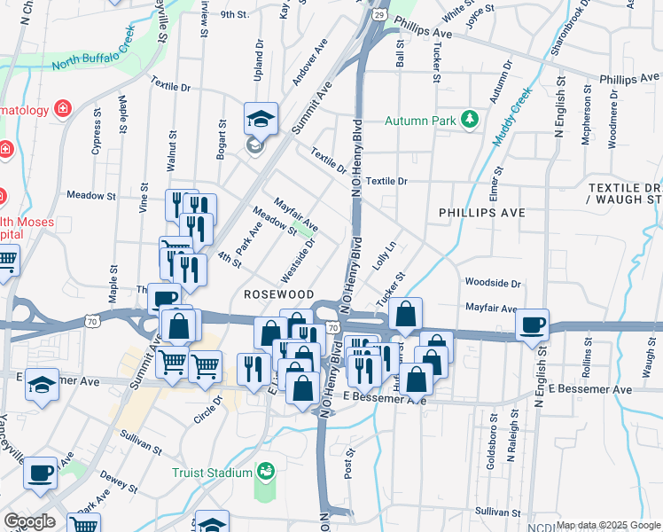 map of restaurants, bars, coffee shops, grocery stores, and more near 1226 East Lindsay Street in Greensboro