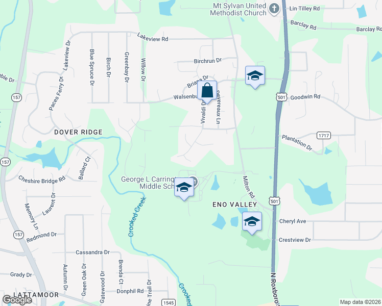 map of restaurants, bars, coffee shops, grocery stores, and more near 412 Vivaldi Drive in Durham