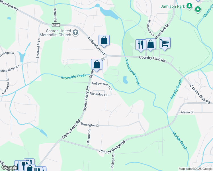 map of restaurants, bars, coffee shops, grocery stores, and more near 5938 Hollow Wood Court in Winston-Salem