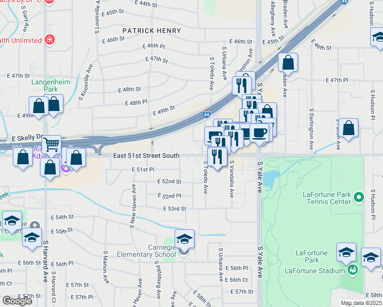 map of restaurants, bars, coffee shops, grocery stores, and more near 4319 East 51st Street South in Tulsa